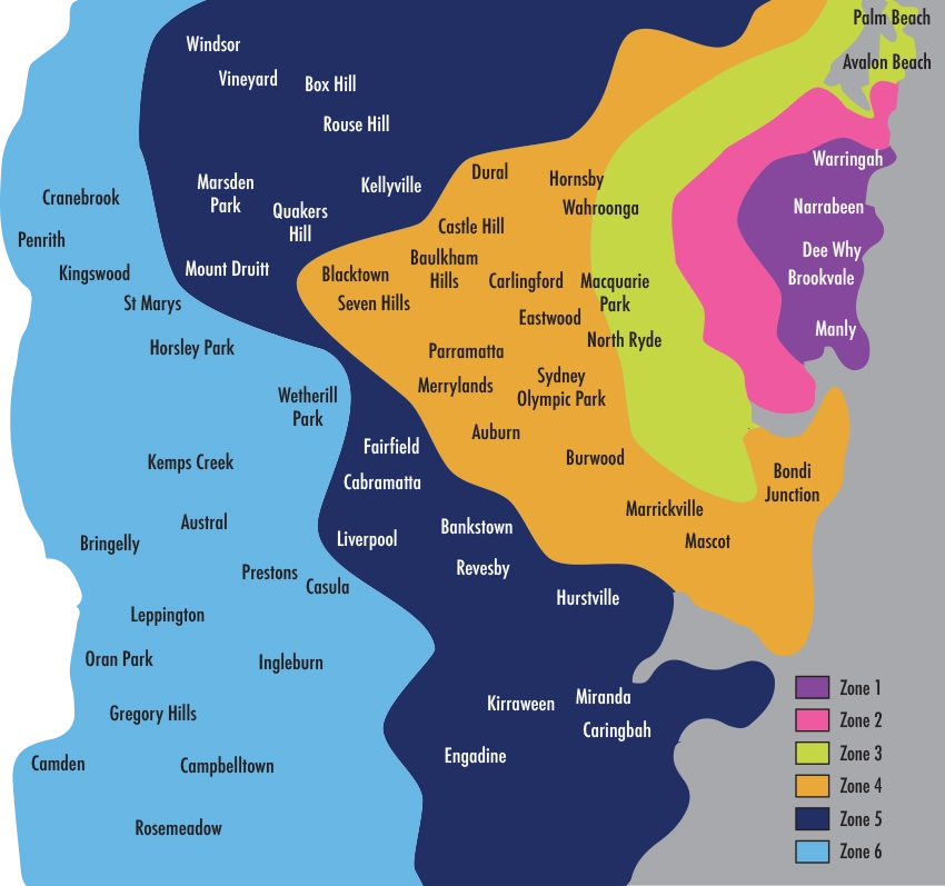 Service coverage zones across Sydney